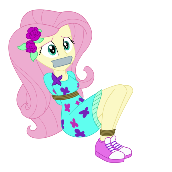 Size: 2000x2000 | Tagged: safe, artist:nie-martw-sie-o-mnie, derpibooru import, fluttershy, human, equestria girls, festival filters, g4, spoiler:eqg series (season 2), bondage, bound and gagged, clothes, female, femsub, flower, flower in hair, fluttersub, gag, image, my little pony equestria girls: better together, png, rope, rope bondage, shoes, simple background, sneakers, solo, submissive, tape, tape gag, transparent background