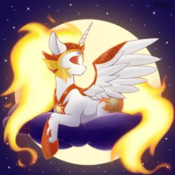 Size: 2000x2000 | Tagged: safe, artist:erein, derpibooru import, daybreaker, alicorn, pony, g4, armor, beautiful, cloud, colored pupils, commission, cute, digital art, ethereal mane, eyelashes, eyes closed, feather, female, flowing mane, flowing tail, helmet, hoof shoes, horn, image, jpeg, lying down, mane of fire, mare, moonlight, night, peytral, princess shoes, simple background, solo, spread wings, stars, tail, tail of fire, wing armor, wings, ych result