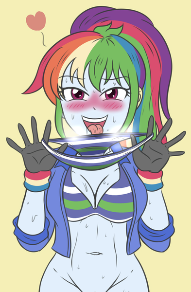 Size: 2878x4392 | Tagged: questionable, artist:sumin6301, derpibooru import, rainbow dash, human, equestria girls, g4, aroused, black gloves, blushing, bra, breasts, breath, clothes, cute, exposed belly, eyebrows, eyebrows visible through hair, female, fetish, gloves, groin, heart, high res, horny, image, jacket, panties, panty fetish, panty shot, png, ponytail, seductive, showing off, showing panties, showing underwear, simple background, socks, solo, solo female, stretching, striped bra, striped panties, striped underwear, teeth, thigh highs, tongue out, underwear, unzipped, wristband, yellow background