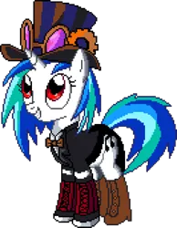 Size: 1064x1368 | Tagged: safe, artist:epicvon, artist:filipinoninja95, derpibooru import, vinyl scratch, pony, unicorn, g4, clothes, digital art, female, frock coat, horn, image, manepxls, mare, pixel art, png, pxls.space, red eyes, simple background, smiling, solo, steampunk, transparent background