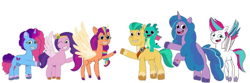 Size: 1280x427 | Tagged: safe, artist:gquestria96, derpibooru import, hitch trailblazer, izzy moonbow, pipp petals, sparky sparkeroni, sunny starscout, zipp storm, alicorn, earth pony, pegasus, unicorn, g5, my little pony: a new generation, my little pony: tell your tale, applejack (g5), fluttershy (g5), horn, image, jpeg, looking at you, mane five, mane seven (g5), mane six (g5), mane stripe sunny, misty brightdawn, multicolored hair, one eye closed, open mouth, pinkie pie (g5), race swap, rainbow dash (g5), rainbow hair, raised hoof, rarity (g5), rebirth misty, sheriff's badge, simple background, smiling, spread wings, sunnycorn, twilight sparkle (g5), white background, wings, wink, winking at you