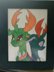 Size: 3472x4624 | Tagged: safe, artist:ponettedefeu, derpibooru import, pharynx, thorax, changedling, changeling, brothers, changedling brothers, drawing, framed picture, image, jpeg, king thorax, looking at each other, looking at someone, male, prince pharynx, siblings, smiling, smiling at each other, traditional art