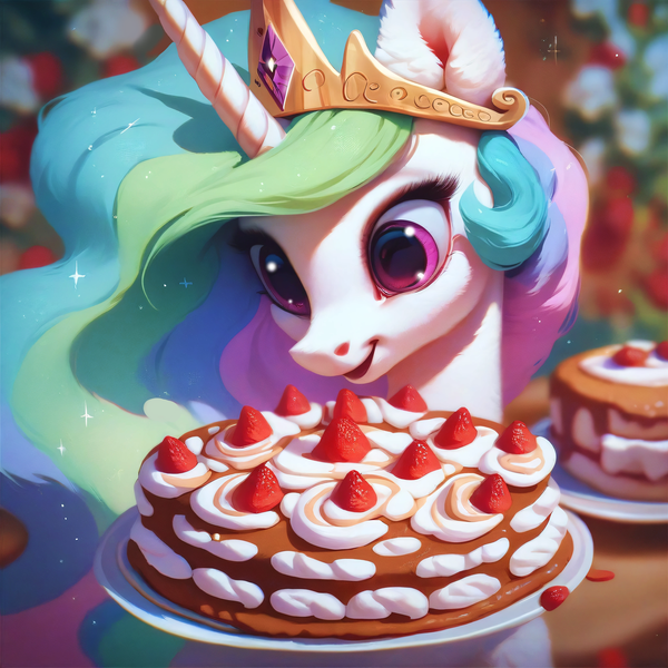 Size: 4096x4096 | Tagged: safe, ai content, derpibooru import, machine learning assisted, machine learning generated, stable diffusion, princess celestia, alicorn, pony, g4, big eyes, cake, cream, crown, detailed, food, generator:purplesmart.ai, happy, image, jewelry, long hair, pink eyes, png, prompter:saltyvity, regalia, smiling, solo, sparkles, strawberry