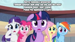 Size: 888x499 | Tagged: safe, derpibooru import, edit, edited screencap, screencap, fluttershy, pinkie pie, rainbow dash, rarity, twilight sparkle, earth pony, pegasus, pony, unicorn, g4, season 2, the last roundup, caption, english, female, image, image macro, imgflip, implied applejack, jpeg, mare, open mouth, pressure (spongebob episode), reference, shocked, spongebob reference, spongebob squarepants, text, unicorn twilight