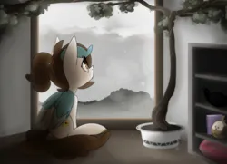 Size: 1500x1086 | Tagged: safe, artist:brownie97, oc, oc:sugar lock, pegasus, image, jpeg, looking out the window, rain, shelf, sitting, window