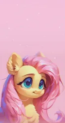 Size: 1024x1941 | Tagged: safe, ai content, derpibooru import, machine learning assisted, machine learning generated, stable diffusion, fluttershy, pegasus, pony, beautiful, big eyes, blushing, cute, ear fluff, fluffy, generator:purplesmart.ai, green eyes, image, long hair, phone wallpaper, pink, pink background, pink mane, png, prompter:saltyvity, simple background, smiling, solo, sparkles, wallpaper