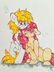 Size: 2442x3253 | Tagged: source needed, safe, artist:starkey, derpibooru import, oc, oc:darkmind, oc:stellar blossom, pony, unicorn, blind, female, hair, horn, image, jpeg, male, mare, simple background, stallion, traditional art