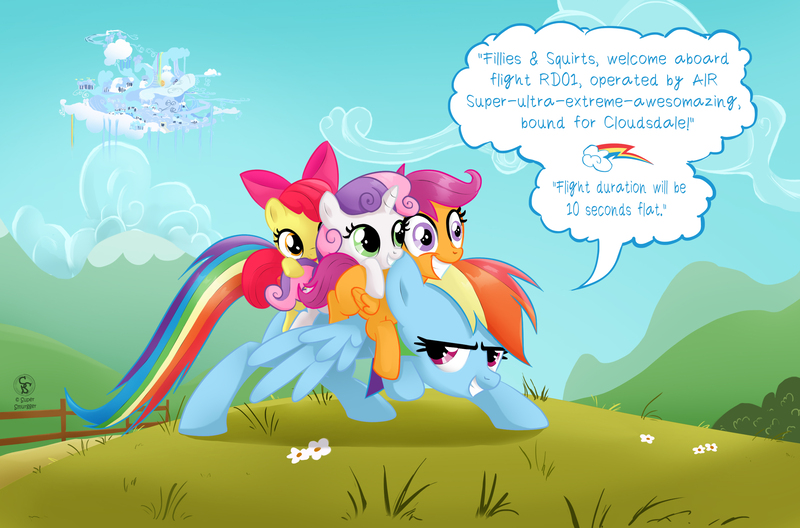 Size: 3029x2000 | Tagged: safe, derpibooru import, apple bloom, rainbow dash, scootaloo, sweetie belle, pegasus, g4, cloudsdale, cutie mark crusaders, flying, image, jpeg