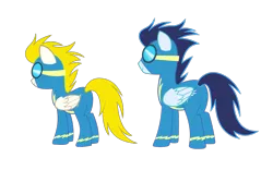 Size: 1000x625 | Tagged: safe, derpibooru import, official, pegasus, pony, g4, leak, clothes, concept art, duo, image, my little pony adventures, png, simple background, smiling, transparent background, uniform, wonderbolts, wonderbolts uniform