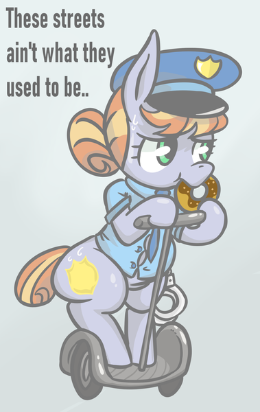 Size: 1136x1800 | Tagged: safe, artist:shrimpshogun, derpibooru import, copper top, earth pony, pony, g4, badge, bipedal, chewing, clothes, cuffs, donut, eating, fat, food, hat, image, necktie, overweight, peaked cap, png, police, segway, simple background, socks, standing up, thigh highs, thighs, tight clothing