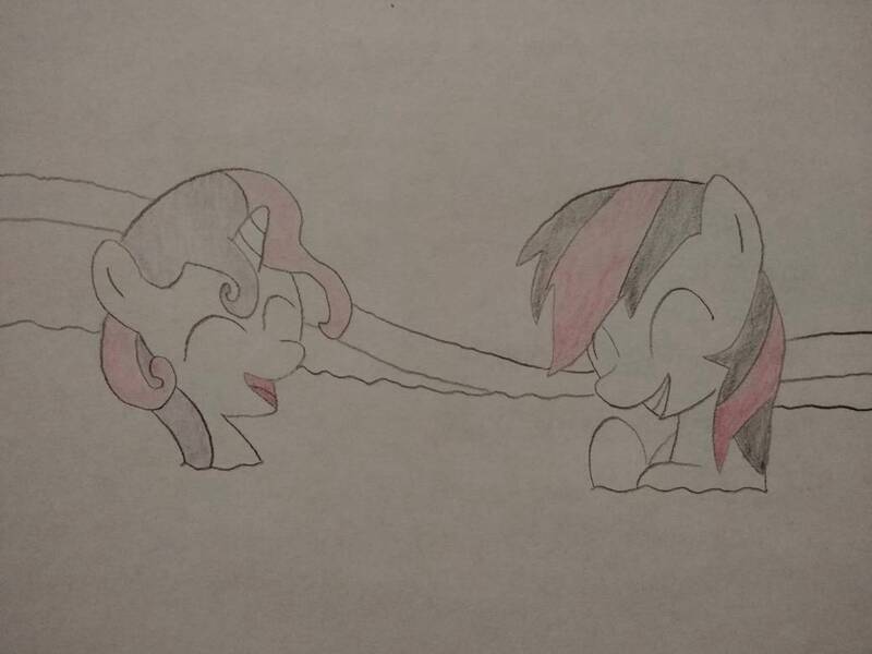 Size: 1040x780 | Tagged: safe, artist:arrowsweetie, derpibooru import, sweetie belle, oc, oc:red arrow, pegasus, pony, unicorn, ^^, bath, duo, eyes closed, female, filly, foal, giggling, horn, image, jpeg, laughing, looking at each other, looking at someone, mare, open mouth, open smile, smiling, smiling at each other, wet, wet mane