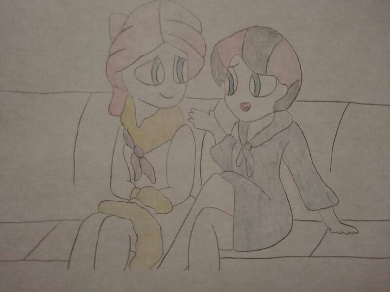 Size: 1040x780 | Tagged: safe, artist:arrowsweetie, derpibooru import, rarity, oc, oc:red arrow, human, equestria girls, g4, clothes, duo, female, image, jpeg, looking at each other, looking at someone, open mouth, open smile, robe, sitting, sitting together, smiling, smiling at each other, spa, steam room, towel, towel on head