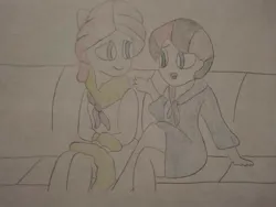 Size: 1040x780 | Tagged: safe, artist:arrowsweetie, derpibooru import, rarity, oc, oc:red arrow, human, equestria girls, g4, clothes, duo, female, image, jpeg, looking at each other, looking at someone, open mouth, open smile, robe, sitting, sitting together, smiling, smiling at each other, spa, steam room, towel, towel on head