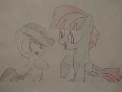 Size: 1040x780 | Tagged: safe, artist:arrowsweetie, derpibooru import, windy whistles, oc, oc:red arrow, pegasus, pony, cute, duo, female, filly, foal, hoof on chest, image, jpeg, looking at each other, looking at someone, mare, ocbetes, open mouth, open smile, smiling, smiling at each other, windybetes