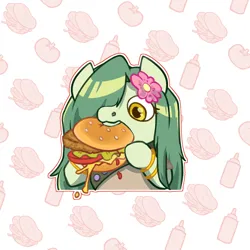 Size: 1350x1350 | Tagged: safe, artist:ladytremaine, derpibooru import, oc, oc:lamey, unofficial characters only, lamia, original species, bracelet, burger, clothes, commission, eating, flower, flower in hair, food, gold bracelet, happy, image, jewelry, long mane, png, solo, ych result