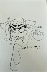 Size: 3128x4759 | Tagged: safe, artist:biscuit, derpibooru import, oc, oc:zippers, unofficial characters only, bald, fuck you, image, jpeg, solo, traditional art