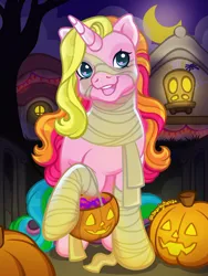 Size: 1800x2400 | Tagged: safe, artist:sparkytopia, derpibooru import, rarity (g3), pony, unicorn, g3, blue eyes, candy, clothes, costume, female, food, halloween, halloween costume, holiday, horn, image, jack-o-lantern, looking at you, mare, multicolored hair, mummy costume, night, outdoors, pink coat, png, pumpkin, rainbow hair, signature, solo, ych example, your character here