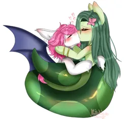 Size: 683x639 | Tagged: safe, artist:sutekinamimi, derpibooru import, oc, oc:clumsy von heim, oc:lamey, lamia, original species, undead, vampire, vampony, blushing, closed species, cuddling, gem eyed dracula race, image, kissing, png