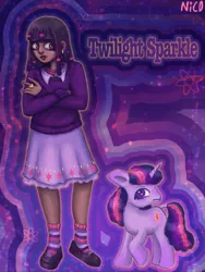 Size: 1536x2048 | Tagged: safe, artist:chaos4cringe, derpibooru import, twilight sparkle, human, pony, unicorn, g4, alternate hairstyle, blackwashing, clothes, dark skin, dreadlocks, female, flats, humanized, image, jewelry, mare, natural hair color, png, ring, shirt, shoes, skirt, socks, solo, striped socks, sweater, unicorn twilight