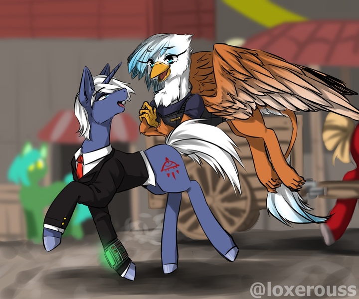 Size: 2560x2133 | Tagged: safe, artist:illustra, derpibooru import, oc, oc:farsight, oc:stuka, unofficial characters only, gryphon, pony, unicorn, fallout equestria, fallout equestria: viva las pegasus, armor, barrel, beak, building, cart, clothes, crossed arms, duo focus, ear fluff, eyebrows, eyebrows visible through hair, fanfic art, female, female oc, flying, glow, griffon oc, high res, horn, image, jpeg, looking at each other, looking at someone, looking back, male, male oc, necktie, open beak, open mouth, outdoors, pipbuck, red neck tie, side view, signature, spread wings, stallion, stallion oc, suit, unicorn oc, unshorn fetlocks, walking, wings