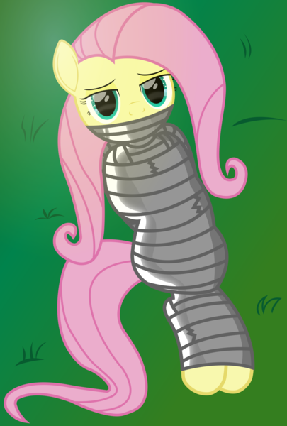 Size: 2000x2965 | Tagged: safe, artist:cardshark777, derpibooru import, fluttershy, pegasus, pony, g4, bondage, bound and gagged, bound wings, digital art, female, femsub, fluttersub, gag, grass, hooves behind back, image, lidded eyes, looking at you, lying down, mare, mummification, mummified, mummy, pink mane, pink tail, png, shine, solo, submissive, tail, tape, tape bondage, tape gag, wings, wrapped up