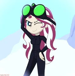 Size: 1179x1197 | Tagged: safe, artist:stephen-fisher, derpibooru import, sunset shimmer, human, equestria girls, g4, female, goggles, goggles on head, image, one eye closed, png, smiling, spy, spy suit, wink