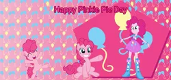 Size: 3577x1671 | Tagged: safe, artist:lizzmcclin, derpibooru import, pinkie pie, earth pony, human, pony, equestria girls, g4, cutie mark, cutie mark background, female, image, pinkie pie day, png