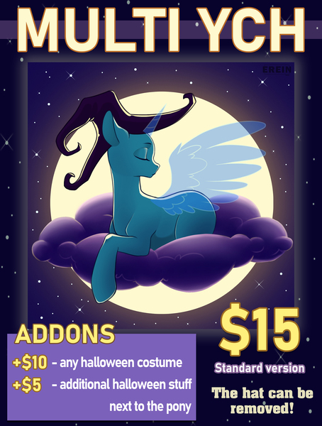 Size: 1514x2000 | Tagged: safe, artist:erein, derpibooru import, pony, advertisement, any gender, any species, clothes, cloud, commission, cute, ears up, eyes closed, hat, horn, image, jpeg, lying down, moon, moonlight, night, sky, solo, spread wings, starry background, stars, wings, witch hat, ych example, ych sketch, your character here