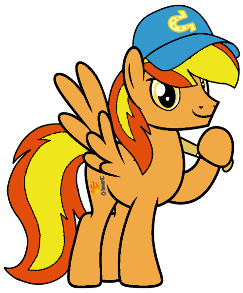 Size: 660x793 | Tagged: safe, artist:noi kincade, derpibooru import, oc, oc:firey ratchet, unofficial characters only, pegasus, pony, baseball bat, baseball cap, cap, hat, image, male, png, simple background, smiling, solo, sports, transparent background