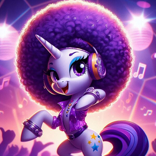 Size: 1024x1024 | Tagged: safe, ai content, derpibooru import, machine learning generated, prompter:heydude5321, rarity, unicorn, g4, afro, alternate cutie mark, clothes, disco ball, generator:bing image creator, generator:dall-e 3, headphones, horn, image, jpeg, music notes