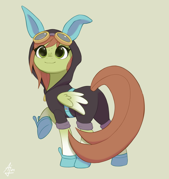 Size: 1800x1900 | Tagged: safe, artist:luminousdazzle, derpibooru import, oc, oc:lumina, unofficial characters only, pegasus, pony, animal costume, autograph, bangs, bunny costume, bunny slippers, clothes, costume, dangerous mission outfit, female, folded wings, full body, goggles, goggles on head, green eyes, hoodie, image, long tail, looking at you, mare, pegasus oc, png, raised hoof, signature, simple background, slippers, smiling, smiling at you, solo, solo female, tail, wings