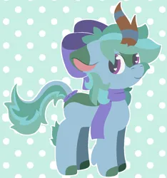 Size: 1152x1230 | Tagged: safe, artist:mimiqq, derpibooru import, oc, oc:dewshine (kirin), unofficial characters only, kirin, pony, bow, clothes, female, hair bow, image, kirin oc, lineless, mare, pattern, patterned background, png, polka dot background, polka dots, scarf, smiling, solo, solo female, tail, tail bow