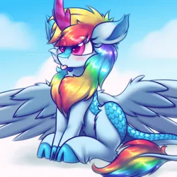 Size: 2000x2000 | Tagged: safe, artist:shad0w-galaxy, derpibooru import, rainbow dash, kirin, pegasus, pony, winged kirin, :p, big eyes, blushing, cheek fluff, chest fluff, clothes, cloud, cute, dashabetes, ear fluff, female, high res, horn, image, kirin hybrid, kirin rainbow dash, kirinified, mare, on a cloud, patreon, patreon reward, png, scales, sitting, solo, species swap, tongue out, unshorn fetlocks