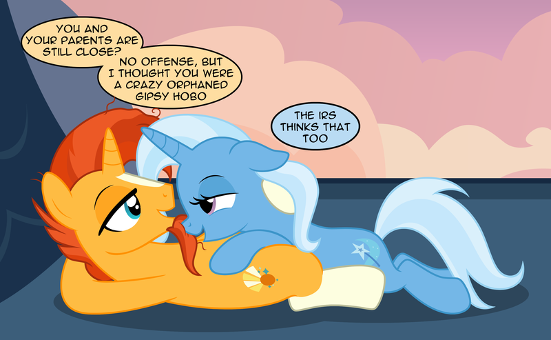 Size: 3088x1904 | Tagged: safe, artist:badumsquish, derpibooru import, part of a set, sunburst, trixie, pony, unicorn, beard, bedroom eyes, blaze (coat marking), coat markings, cuddling, derpibooru exclusive, dialogue, duo, eye contact, facial hair, facial markings, female, floppy ears, hanging out, hooves behind head, horn, image, implied jack pot, looking at each other, looking at someone, lying down, male, mare, mountain, on back, outdoors, png, prone, roof, rooftop, school of friendship, ship:trixburst, shipping, show accurate, smiling, snuggling, socks (coat marking), sploot, stallion, straight, talking, tax evasion