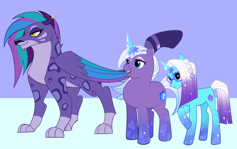 Size: 3375x2122 | Tagged: safe, artist:aztrial, derpibooru import, big cat, leopard, pony, snow leopard, g4, g5, allura, auroricorn, comet (g5), female, g5 to g4, generation leap, high res, image, male, mare, png, stallion, trio, unitober 2024, violet frost