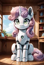 Size: 800x1169 | Tagged: safe, ai content, derpibooru import, machine learning generated, prompter:gregorymars, stable diffusion, sweetie belle, pony, robot, robot pony, unicorn, g4, :3, female, filly, foal, generator:pony diffusion v6 xl, gynoid, horn, image, indoors, jpeg, looking at you, roboticization, sitting, smiling, smiling at you, solo, sweetie bot