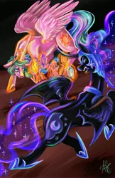 Size: 3300x5100 | Tagged: safe, artist:ashley-the-muffin, derpibooru import, nightmare moon, princess celestia, alicorn, pony, angry, bat wings, crying, duo, element of generosity, element of honesty, element of kindness, element of laughter, element of loyalty, element of magic, elements of harmony, fight, glow, glowing horn, horn, image, jpeg, scene interpretation, scowl, signature, spread wings, this will end in banishment, wings