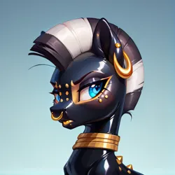 Size: 696x696 | Tagged: safe, ai content, anonymous prompter, zecora, zebra, collar, ear piercing, gradient background, image, latex, latex suit, looking at you, nose piercing, permanent, piercing, piercing fetish, png