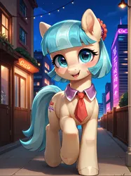 Size: 2296x3062 | Tagged: safe, ai content, derpibooru import, machine learning generated, prompter:lagerai, stable diffusion, coco pommel, earth pony, pony, g4, blushing, building, clothes, cocobetes, cute, generator:ponydiffusion, image, looking at you, necktie, png, raised hoof, solo, street