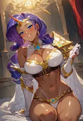 Size: 832x1216 | Tagged: suggestive, ai content, derpibooru import, generator:civitai, machine learning generated, prompter:doublerainbow, stable diffusion, rarity, human, g4, armor, belly, belly button, big breasts, bikini, breasts, busty rarity, cape, clothes, female, generator:pony diffusion v6 xl, gloves, humanized, image, indoors, jpeg, looking at you, panties, sitting, smiling, smiling at you, solo, solo female, stupid sexy rarity, swimsuit, tan skin, thong, unconvincing armor, underwear