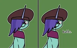 Size: 2048x1288 | Tagged: safe, artist:ewoudcponies, derpibooru import, onyx, pony, unicorn, g5, 2 panel comic, beret, bust, butts, comic, dialogue, female, hair over one eye, hat, horn, image, looking at you, mare, outline, png, solo, talking to viewer, white outline