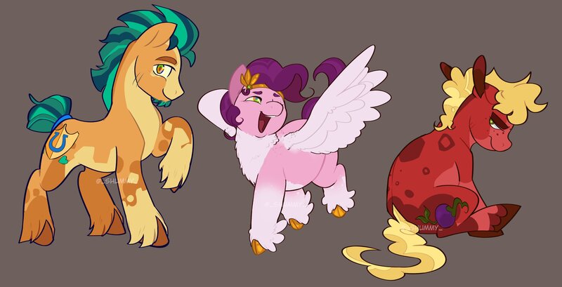 Size: 3351x1715 | Tagged: safe, artist:_shummy_, derpibooru import, hitch trailblazer, pipp petals, sprout cloverleaf, earth pony, pegasus, pony, g5, alternate design, alternate hairstyle, beard, brown eyes, colored hooves, crown, eyebrows, facial hair, female, floppy ears, frown, gold hooves, green eyes, hooves, image, jewelry, jpeg, looking at you, male, mare, open mouth, pink coat, pipp is chubby, pose, raised leg, red coat, regalia, signature, simple background, sitting, smiling, spread wings, stallion, tail, tan mane, tan tail, tongue out, two toned mane, two toned tail, unshorn fetlocks, walking, white wings, wings, yellow coat