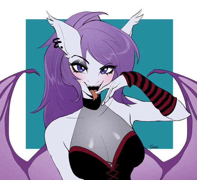 Size: 4096x3743 | Tagged: suggestive, artist:tomi_ouo, derpibooru import, oc, oc:hawrs, unofficial characters only, anthro, bat pony, black, breasts, bust, cleavage, clothes, commission, corset, ear piercing, goth, half body, image, looking at you, piercing, png, purple hair, red, solo, tongue out, wings, wrist warmer