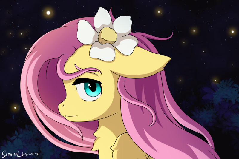 Size: 4500x3000 | Tagged: safe, artist:symbianl, derpibooru import, fluttershy, pegasus, pony, g4, chest fluff, female, floppy ears, flower, flower in hair, folded wings, image, mare, png, profile, solo, wings