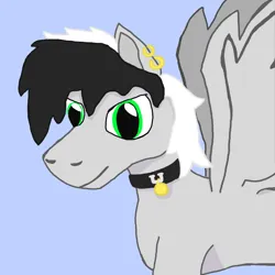 Size: 1400x1400 | Tagged: safe, artist:silverfishv9, derpibooru import, oc, oc:sky writer (solredrose), unofficial characters only, pegasus, pony, collar, ear piercing, earring, gray coat, image, jewelry, jpeg, male, pegasus oc, piercing, simple background, solo, stallion, wings