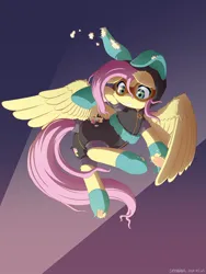 Size: 1800x2400 | Tagged: safe, artist:symbianl, derpibooru import, fluttershy, pegasus, pony, g4, clothes, costume, dangerous mission outfit, female, goggles, hoodie, image, mare, png, solo, spread wings, tail, wings