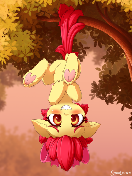 Size: 1800x2400 | Tagged: safe, artist:symbianl, derpibooru import, apple bloom, earth pony, pony, g4, adorabloom, blushing, cute, dock, female, filly, foal, frog (hoof), hanging, hanging upside down, hoof heart, image, looking at you, outdoors, png, prehensile tail, silly, silly filly, silly pony, smiling, smiling at you, solo, tail, tail hold, tree, underhoof, upside down