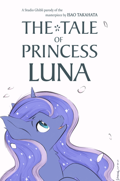 Size: 3200x4800 | Tagged: safe, artist:symbianl, derpibooru import, princess luna, alicorn, pony, bust, crossover, cute, ear fluff, female, horn, image, looking up, lunabetes, mare, movie poster, neck fluff, open mouth, parody, png, poster parody, profile, simple background, solo, studio ghibli, the tale of princess kaguya, white background