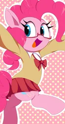 Size: 1080x2042 | Tagged: safe, artist:spoonie, derpibooru import, pinkie pie, earth pony, pony, bipedal, butt, clothes, glasses, image, png, school uniform, simple background, skirt, solo