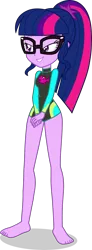 Size: 1525x4164 | Tagged: safe, alternate version, artist:dustinwatsongkx, derpibooru import, edit, sci-twi, twilight sparkle, human, equestria girls, g4, accessory swap, barefoot, clothes, clothes swap, feet, female, fluttershy's one-piece swimsuit, fluttershy's swimsuit, fluttershy's wetsuit, image, legless, long sleeves, my little pony equestria girls: better together, one-piece swimsuit, png, simple background, solo, swimsuit, swimsuit edit, swimsuit swap, transparent background, vector